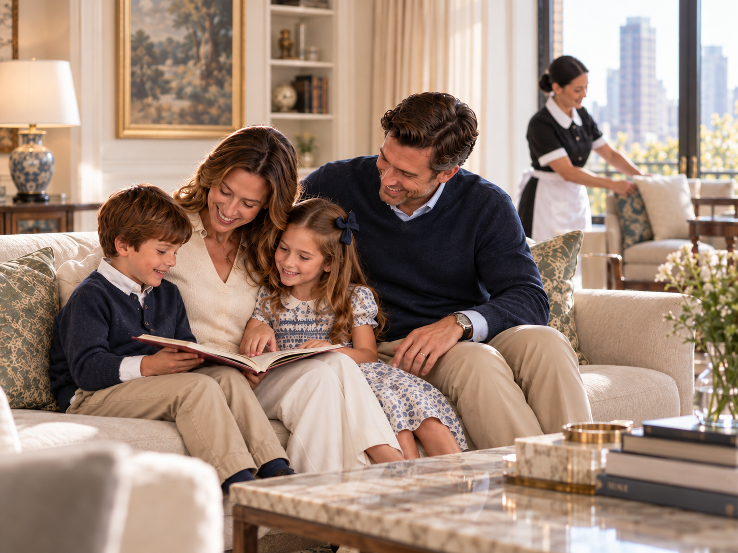 Family reading together on a sofa while a housekeeper tidies the living room